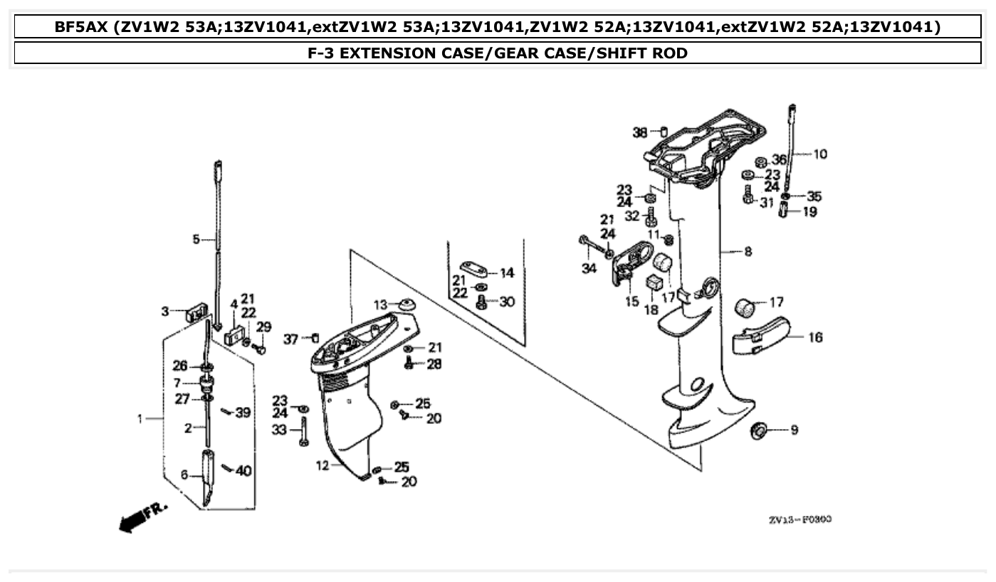Honda BF5AX EXTENSION CASE/GEAR CASE/SHIFT ROD parts diagram