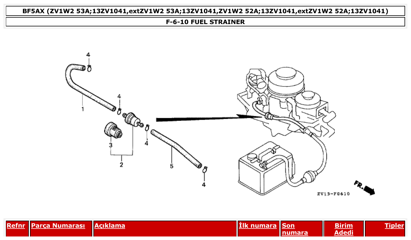 Honda BF5AX FUEL STRAINER parts diagram