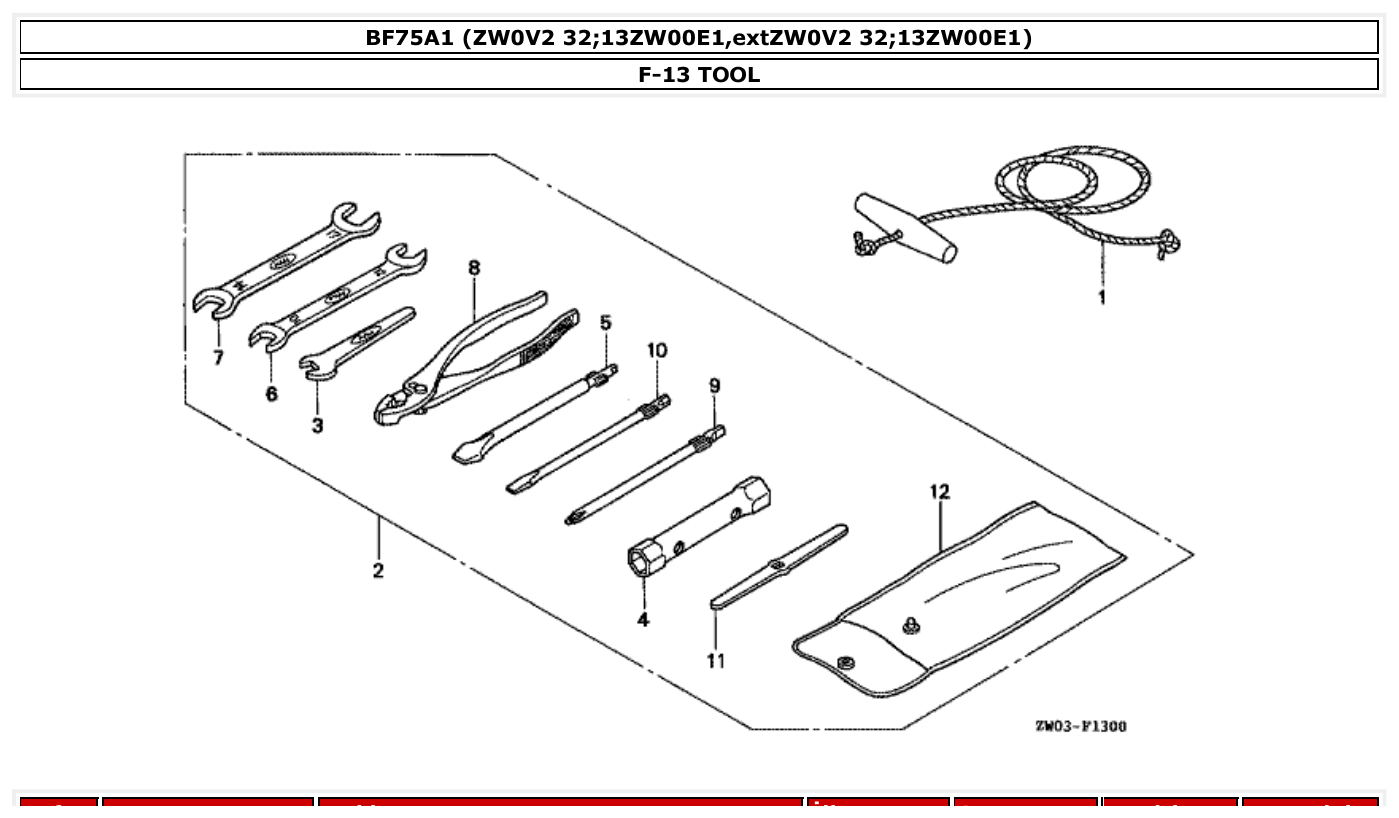 Honda BF75A1 TOOL parts diagram