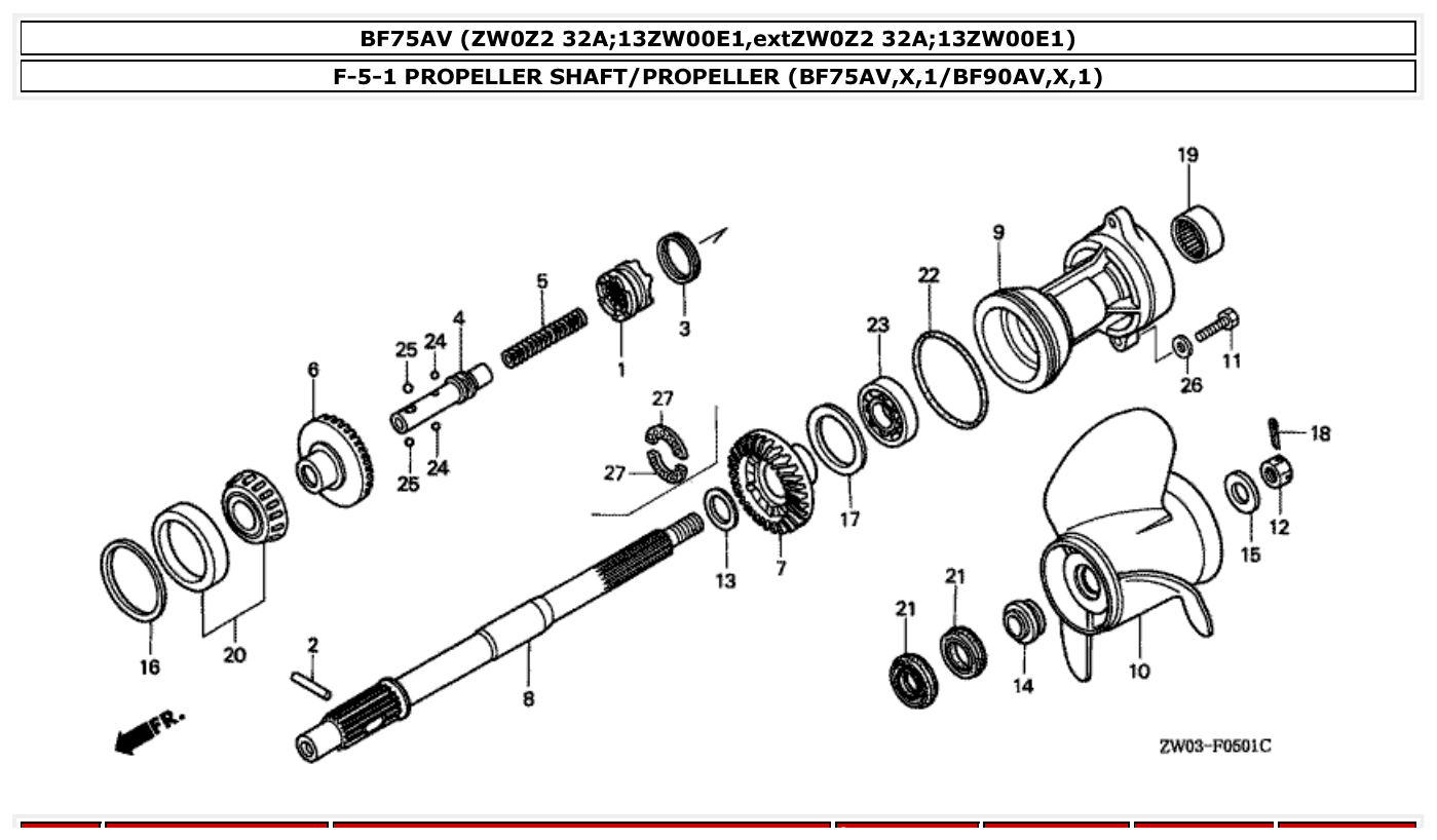 Honda BF75AV PROPELLER SHAFT/PROPELLER (BF75AV,X,1/BF90AV,X,1) parts diagram