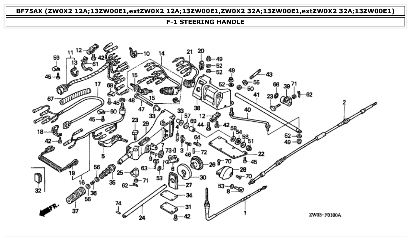 Honda BF75AX STEERING HANDLE parts diagram