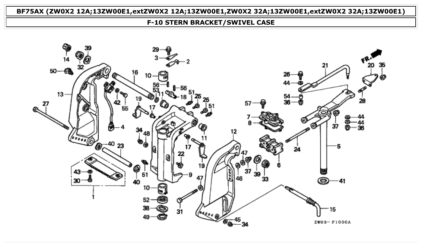 Honda BF75AX STERN BRACKET/SWIVEL CASE parts diagram