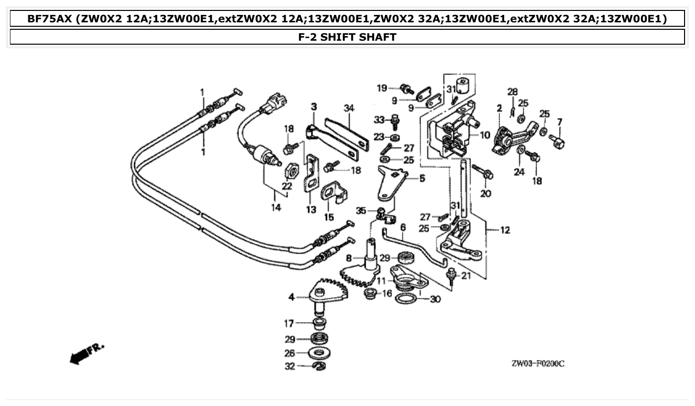Honda BF75AX SHIFT SHAFT parts diagram