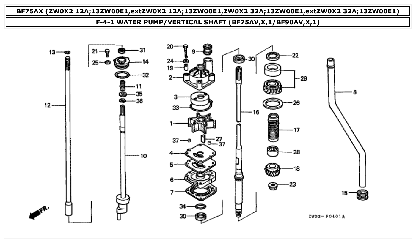 Honda BF75AX WATER PUMP/VERTICAL SHAFT (BF75AV,X,1/BF90AV,X,1) parts diagram