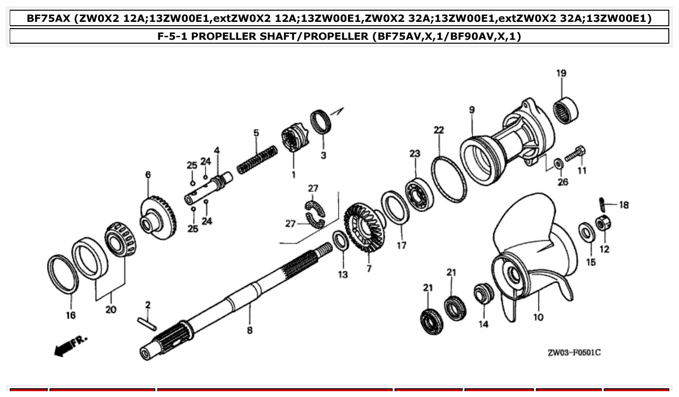 Honda BF75AX PROPELLER SHAFT/PROPELLER (BF75AV,X,1/BF90AV,X,1) parts diagram