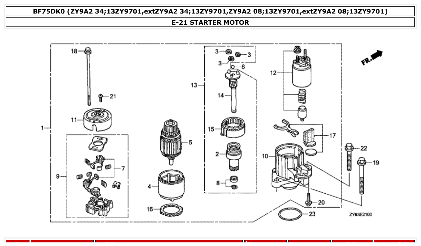 Honda BF75DK0 STARTER MOTOR parts diagram
