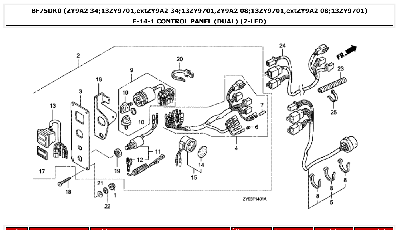 Honda BF75DK0 CONTROL PANEL (DUAL) (2-LED) parts diagram
