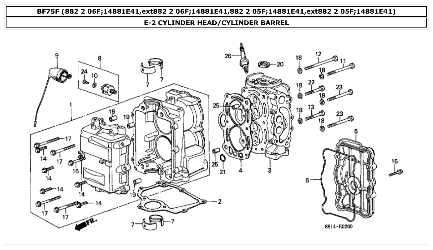 Honda BF75F CYLINDER HEAD/CYLINDER BARREL parts diagram