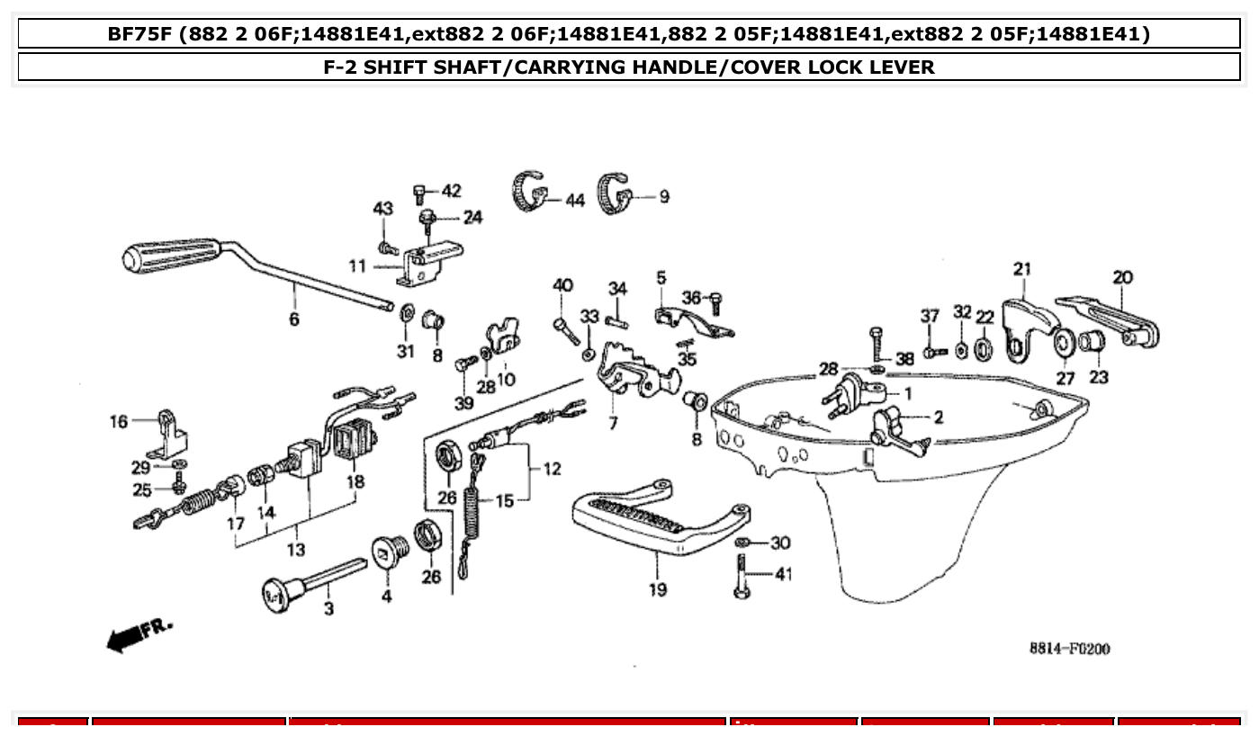 Honda BF75F SHIFT SHAFT/CARRYING HANDLE/COVER LOCK LEVER parts diagram