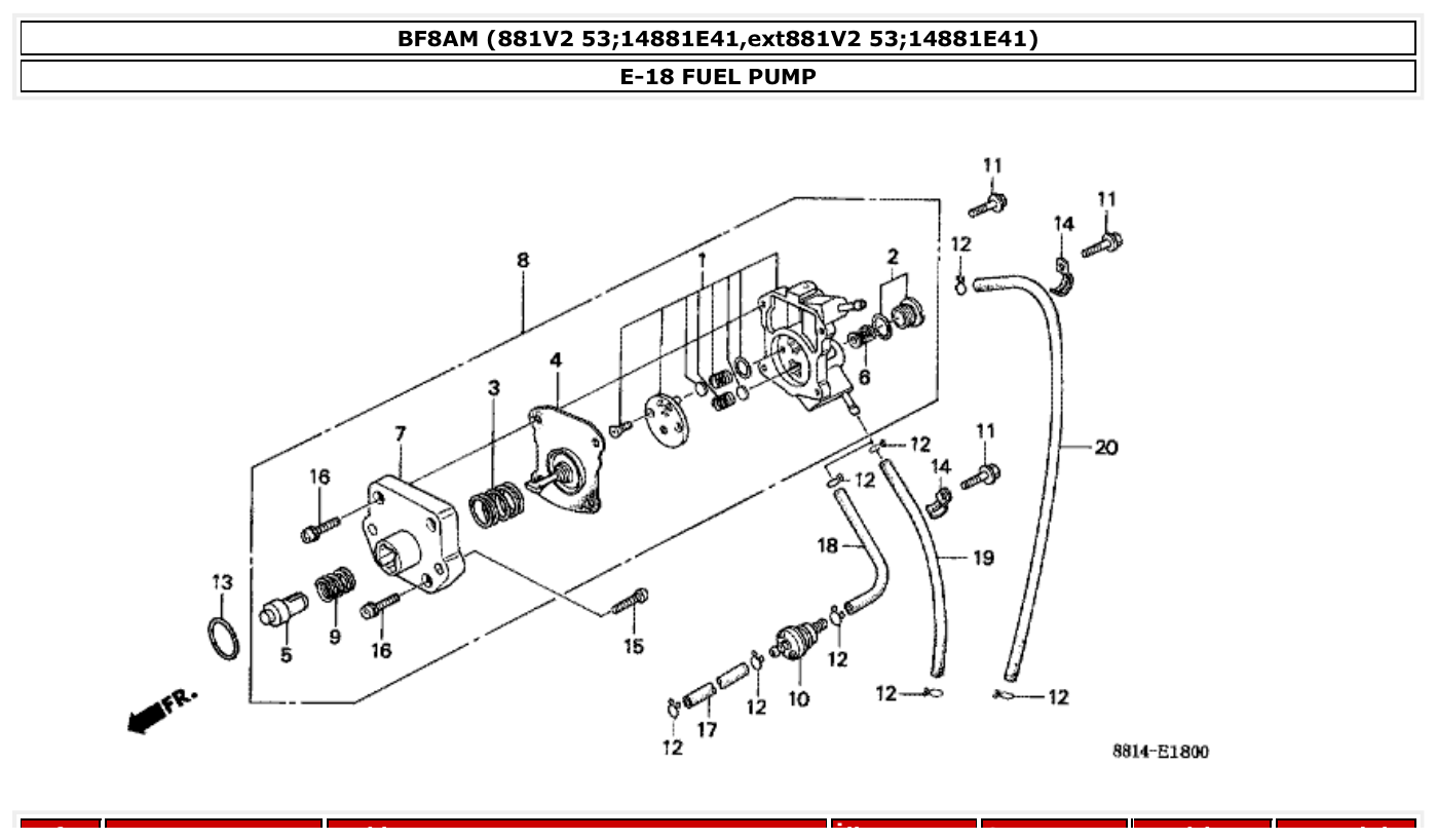 Honda BF8AM FUEL PUMP parts diagram