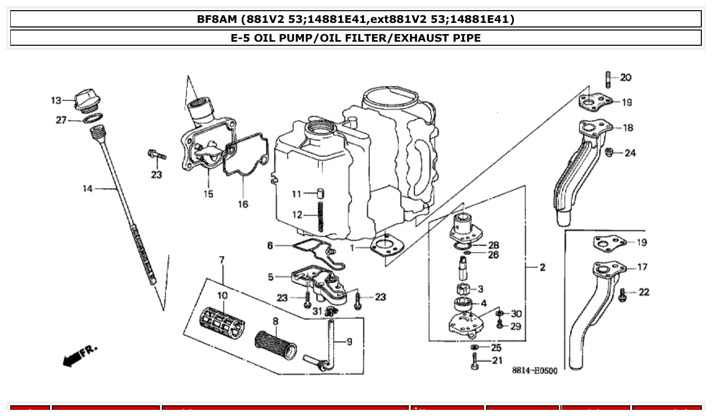Honda BF8AM OIL PUMP/OIL FILTER/EXHAUST PIPE parts diagram