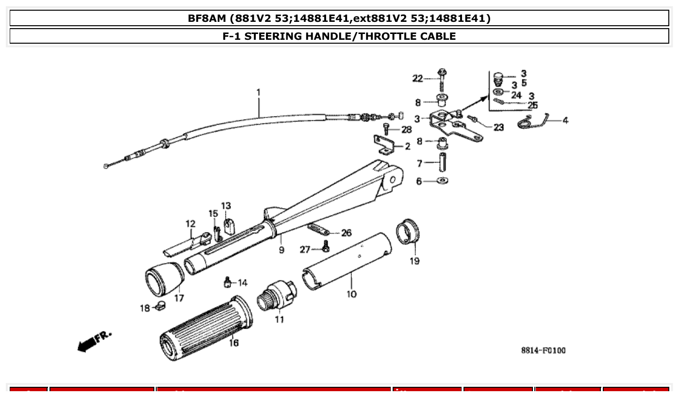 Honda BF8AM STEERING HANDLE/THROTTLE CABLE parts diagram