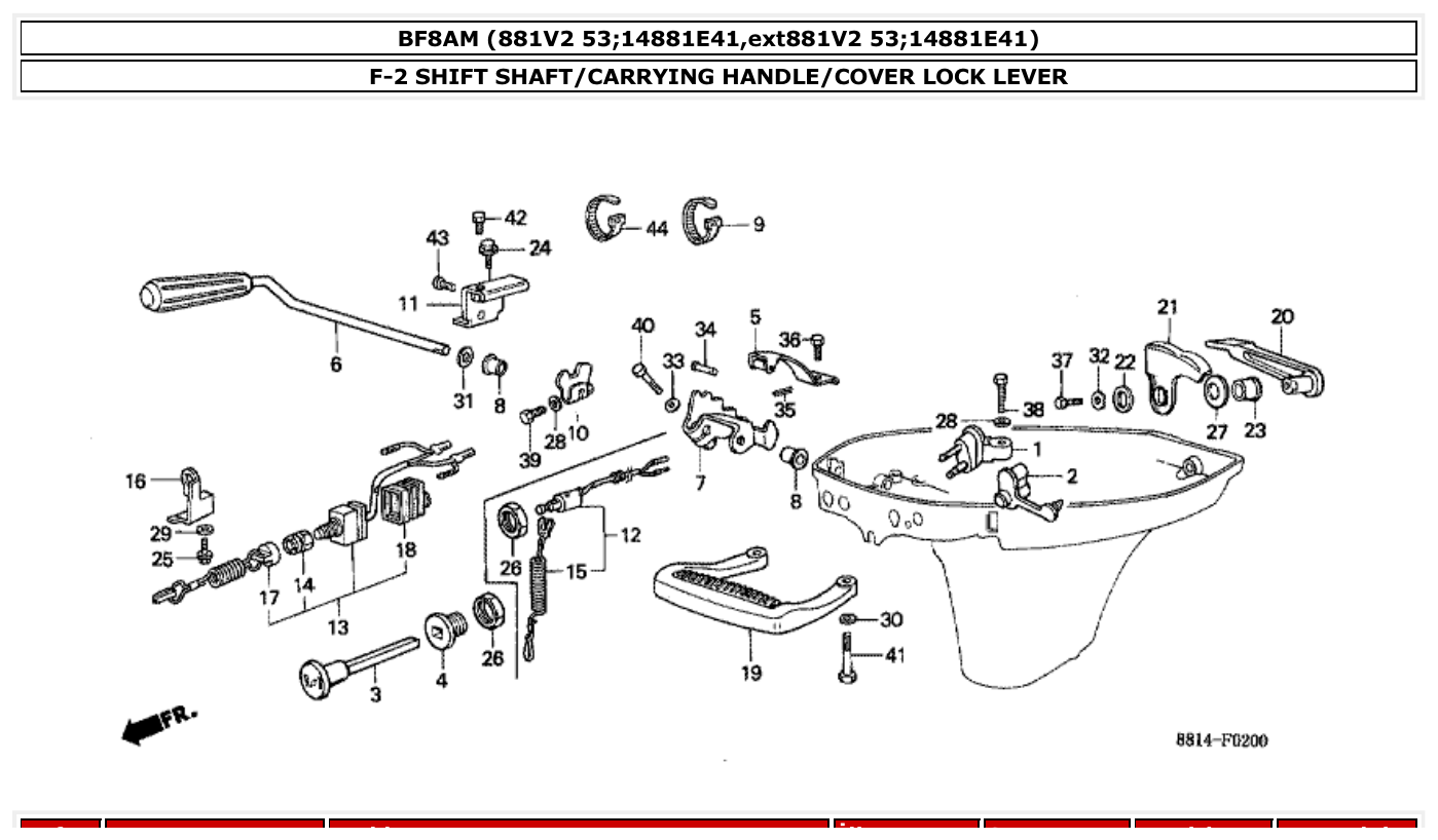Honda BF8AM SHIFT SHAFT/CARRYING HANDLE/COVER LOCK LEVER parts diagram