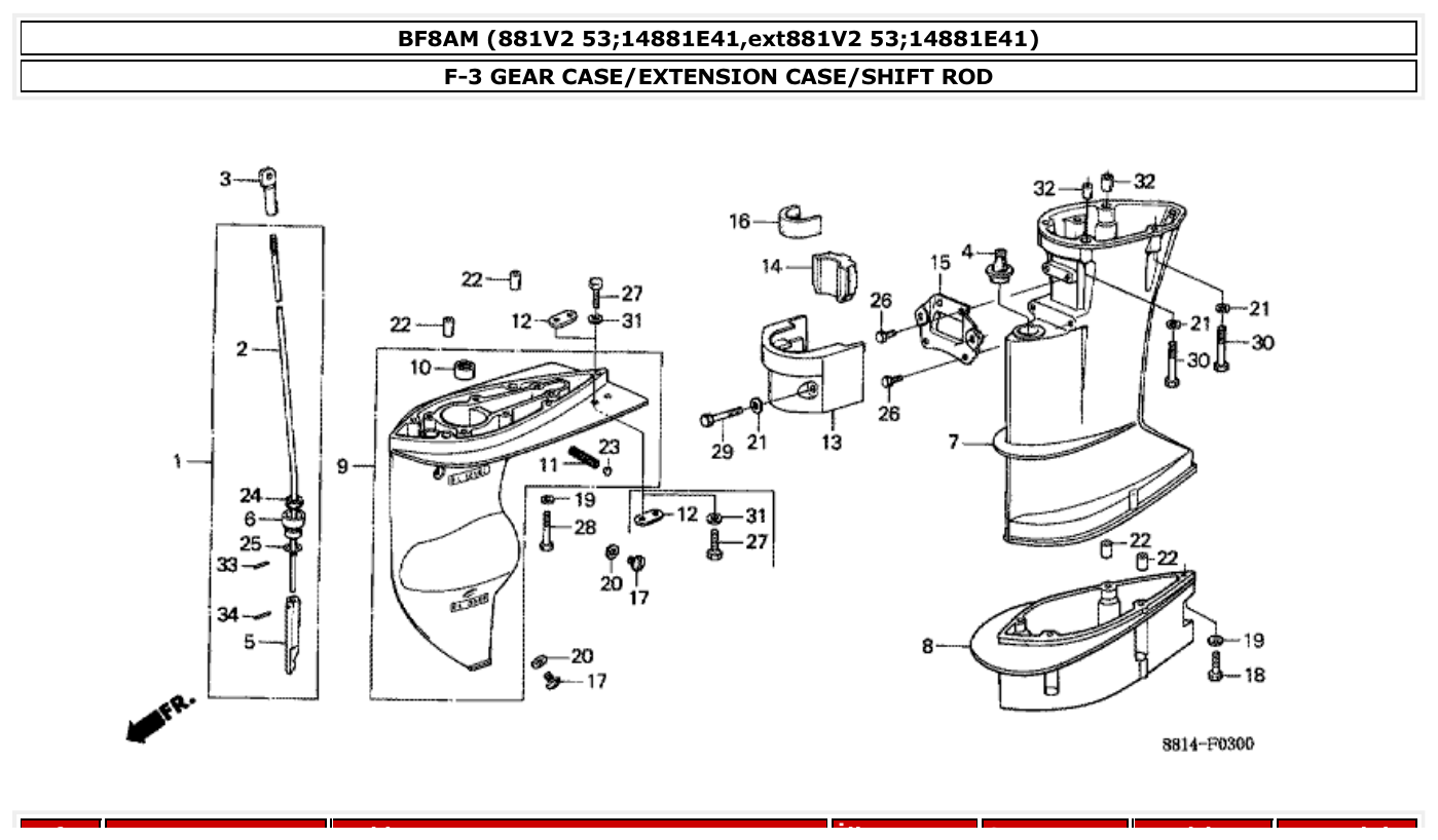Honda BF8AM GEAR CASE/EXTENSION CASE/SHIFT ROD parts diagram