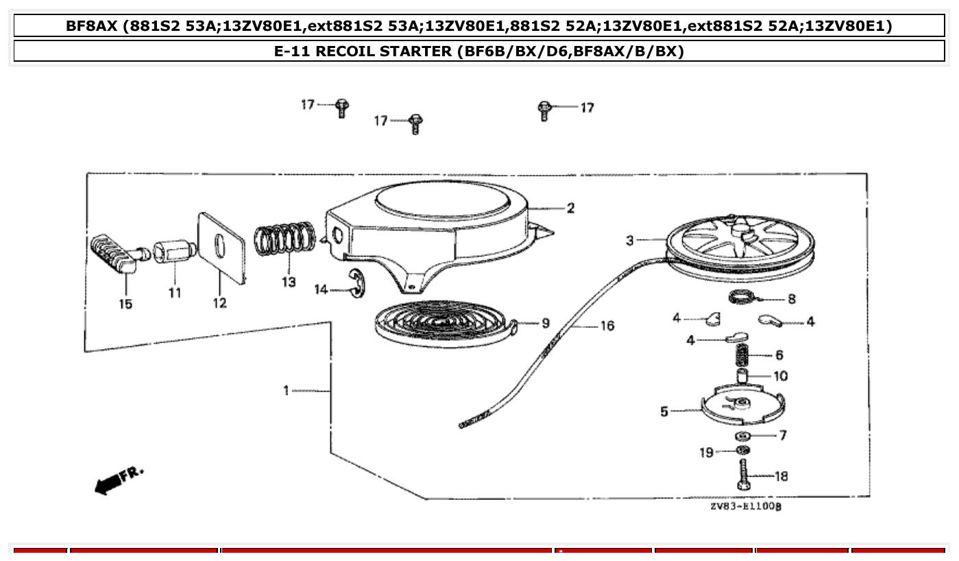 Honda BF8AX RECOIL STARTER (BF6B/BX/D6,BF8AX/B/BX) parts diagram