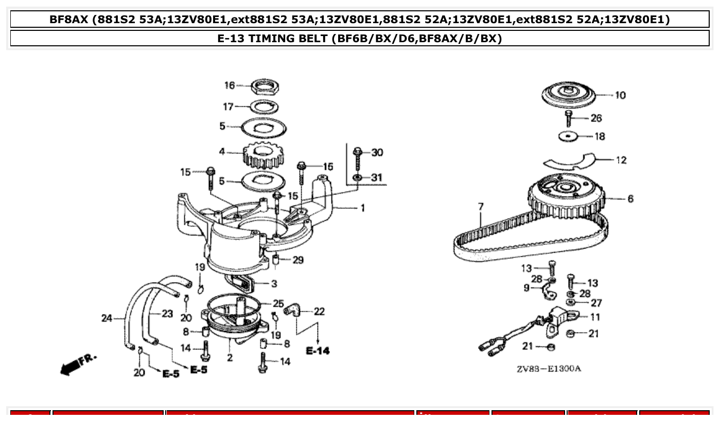 Honda BF8AX TIMING BELT (BF6B/BX/D6,BF8AX/B/BX) parts diagram