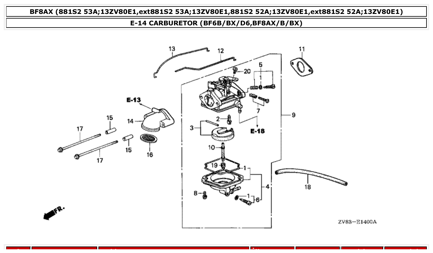 Honda BF8AX CARBURETOR (BF6B/BX/D6,BF8AX/B/BX) parts diagram
