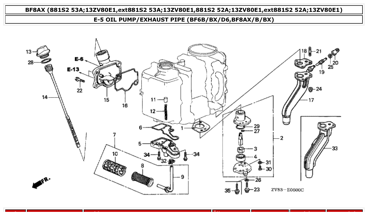 Honda BF8AX OIL PUMP/EXHAUST PIPE (BF6B/BX/D6,BF8AX/B/BX) parts diagram