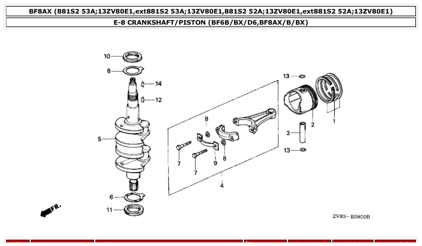 Honda BF8AX CRANKSHAFT/PISTON (BF6B/BX/D6,BF8AX/B/BX) parts diagram