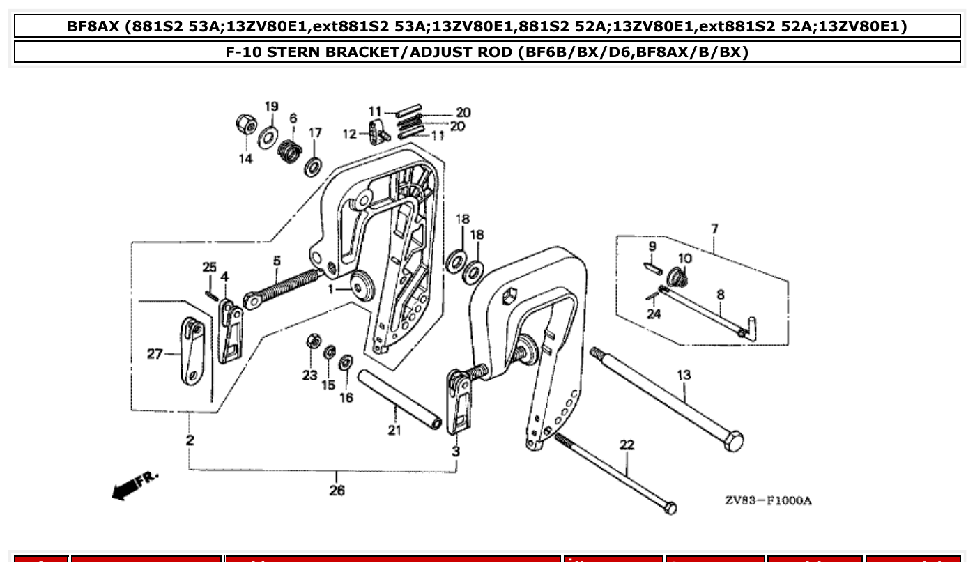 Honda BF8AX STERN BRACKET/ADJUST ROD (BF6B/BX/D6,BF8AX/B/BX) parts diagram