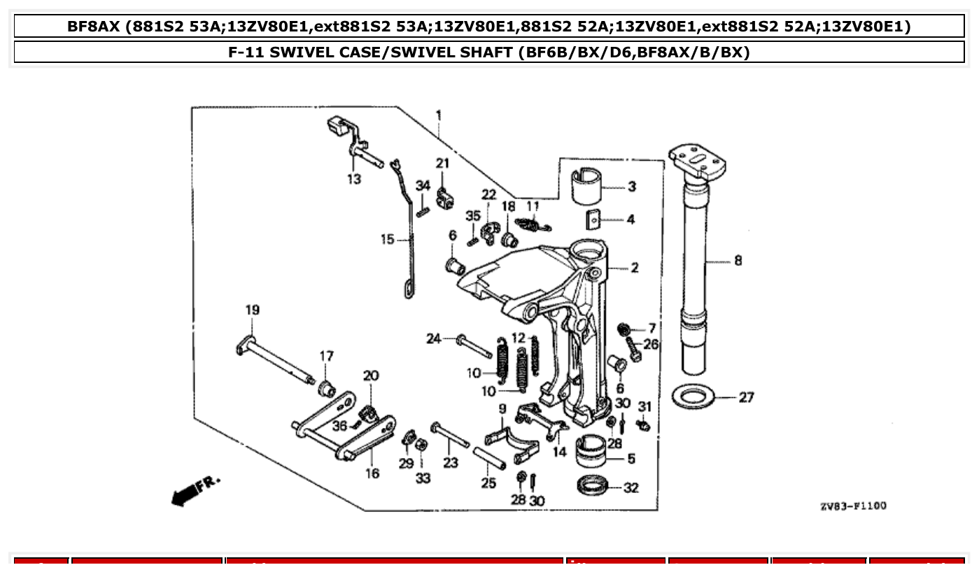 Honda BF8AX SWIVEL CASE/SWIVEL SHAFT (BF6B/BX/D6,BF8AX/B/BX) parts diagram