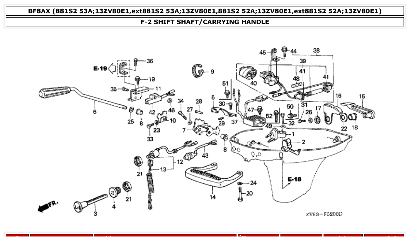 Honda BF8AX SHIFT SHAFT/CARRYING HANDLE parts diagram