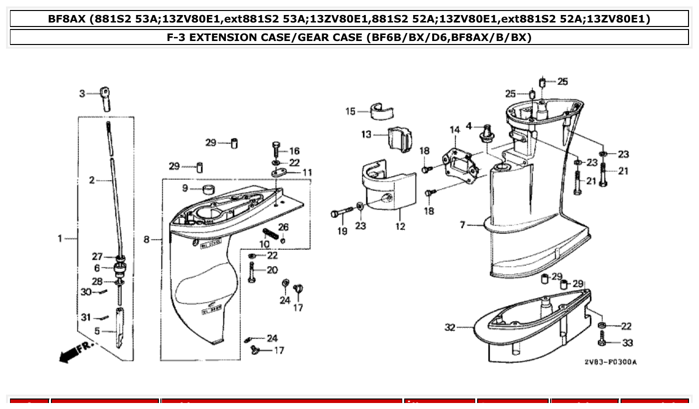Honda BF8AX EXTENSION CASE/GEAR CASE (BF6B/BX/D6,BF8AX/B/BX) parts diagram