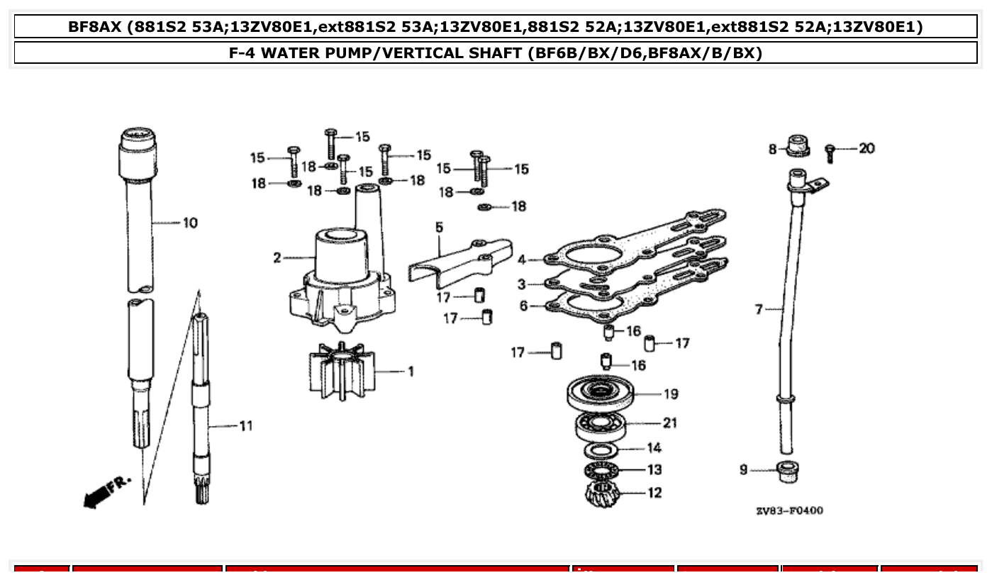 Honda BF8AX WATER PUMP/VERTICAL SHAFT (BF6B/BX/D6,BF8AX/B/BX) parts diagram