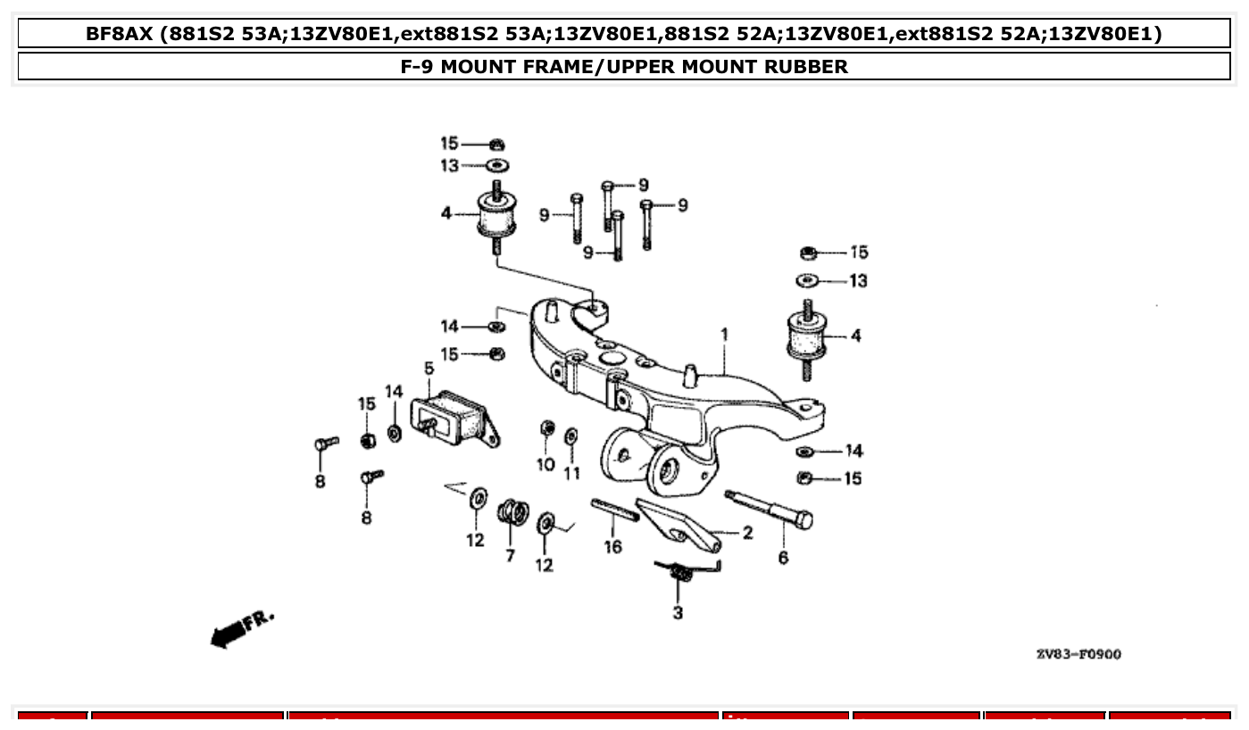Honda BF8AX MOUNT FRAME/UPPER MOUNT RUBBER parts diagram