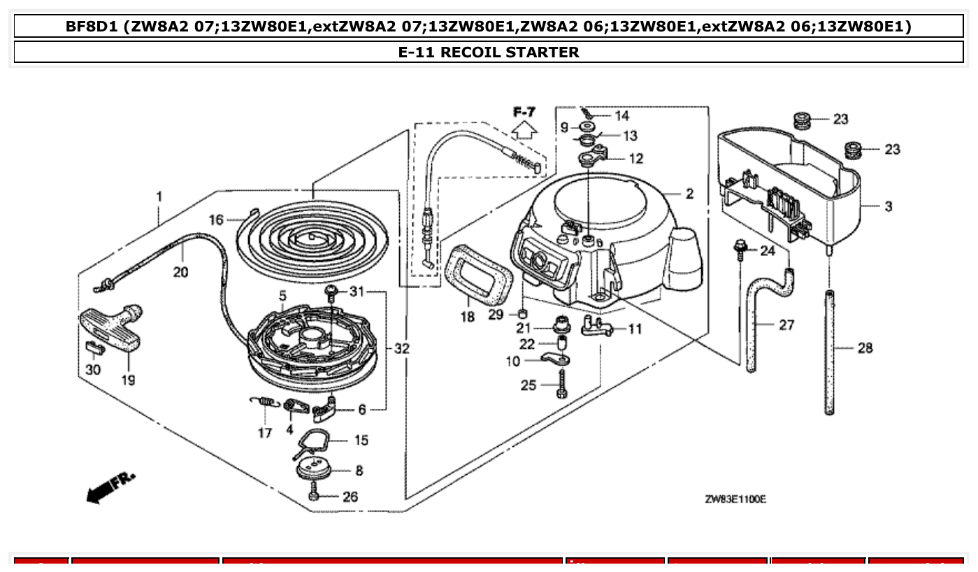 Honda BF8D1 RECOIL STARTER parts diagram
