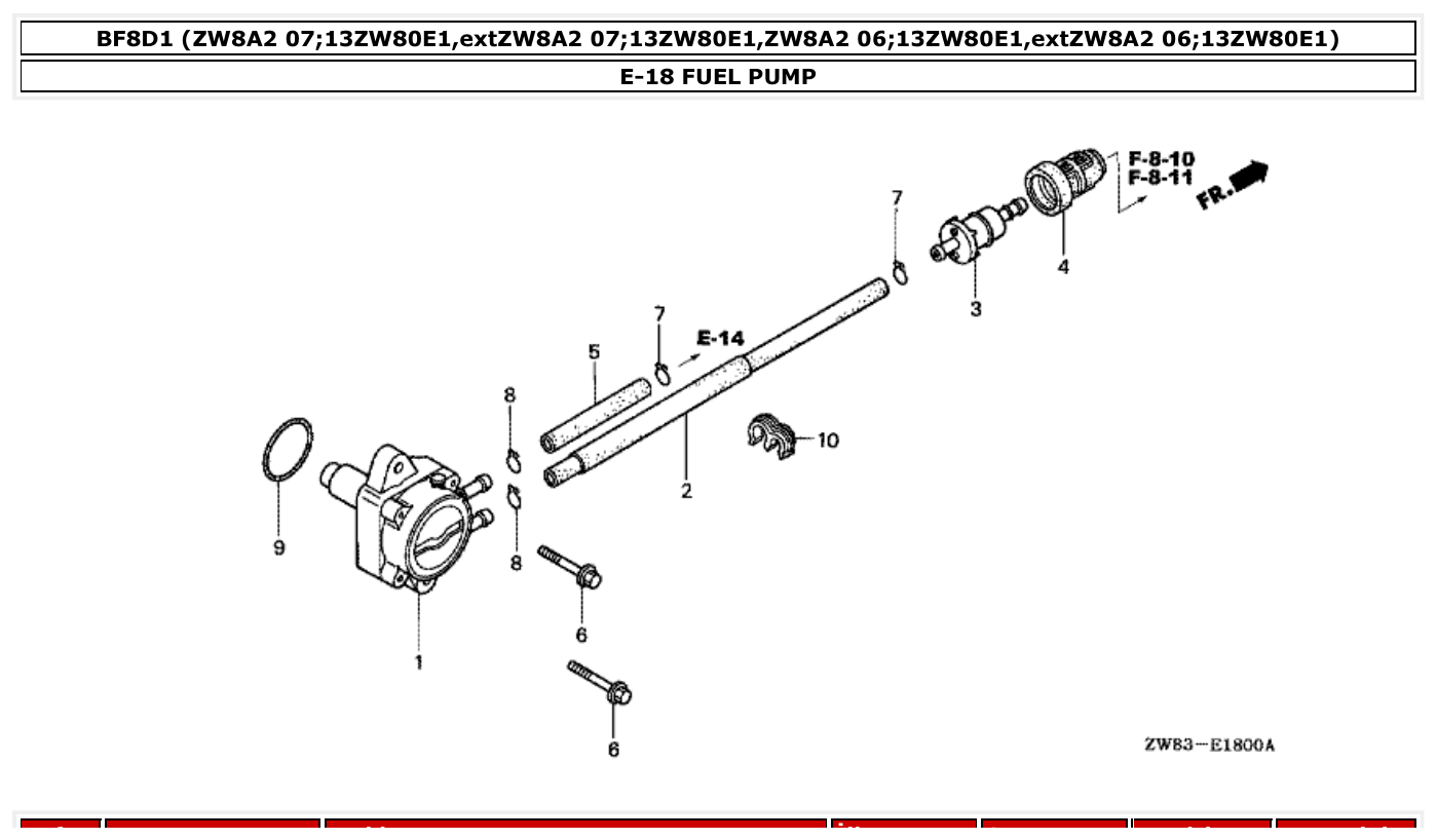 Honda BF8D1 FUEL PUMP parts diagram