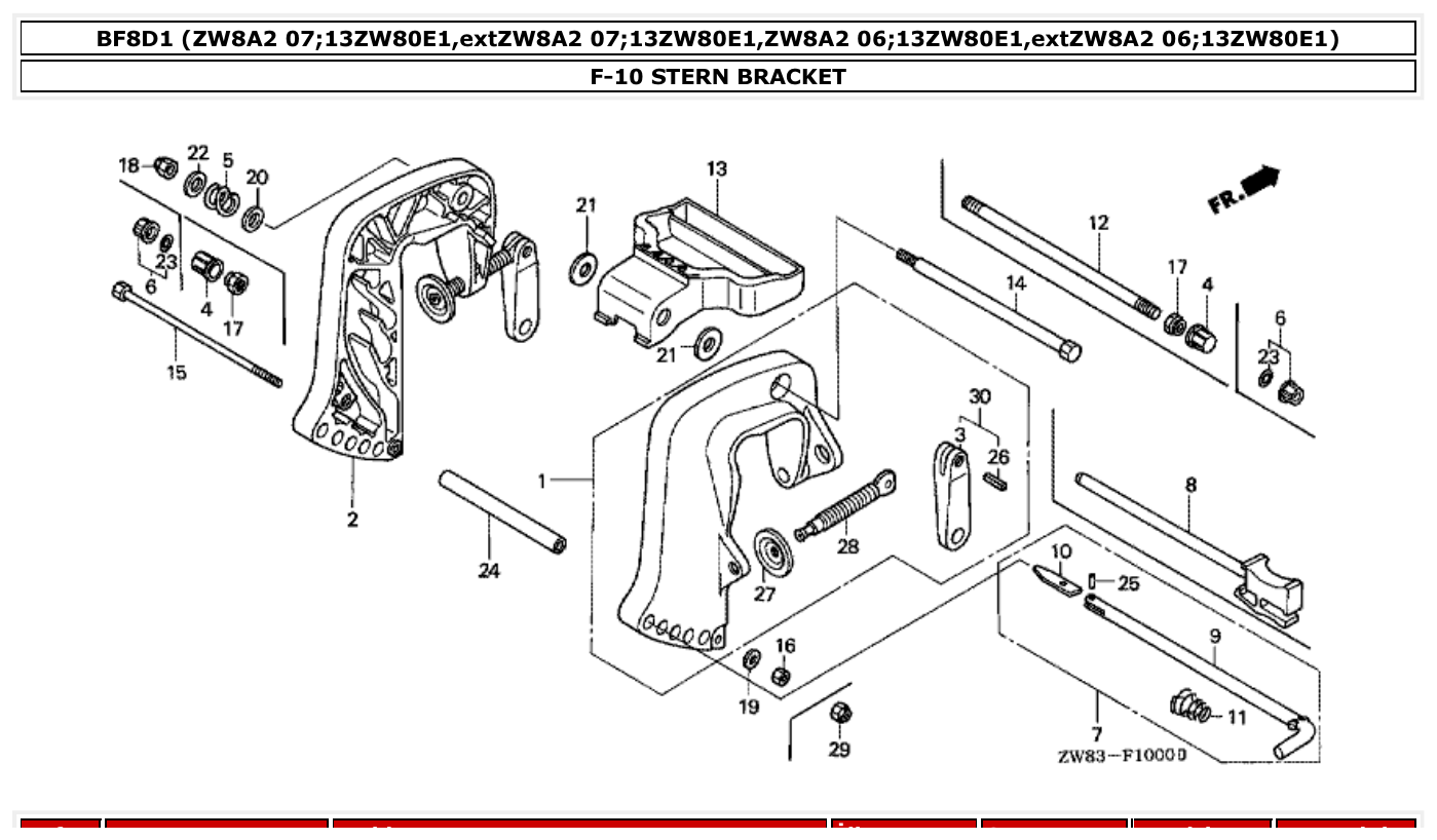 Honda BF8D1 STERN BRACKET parts diagram