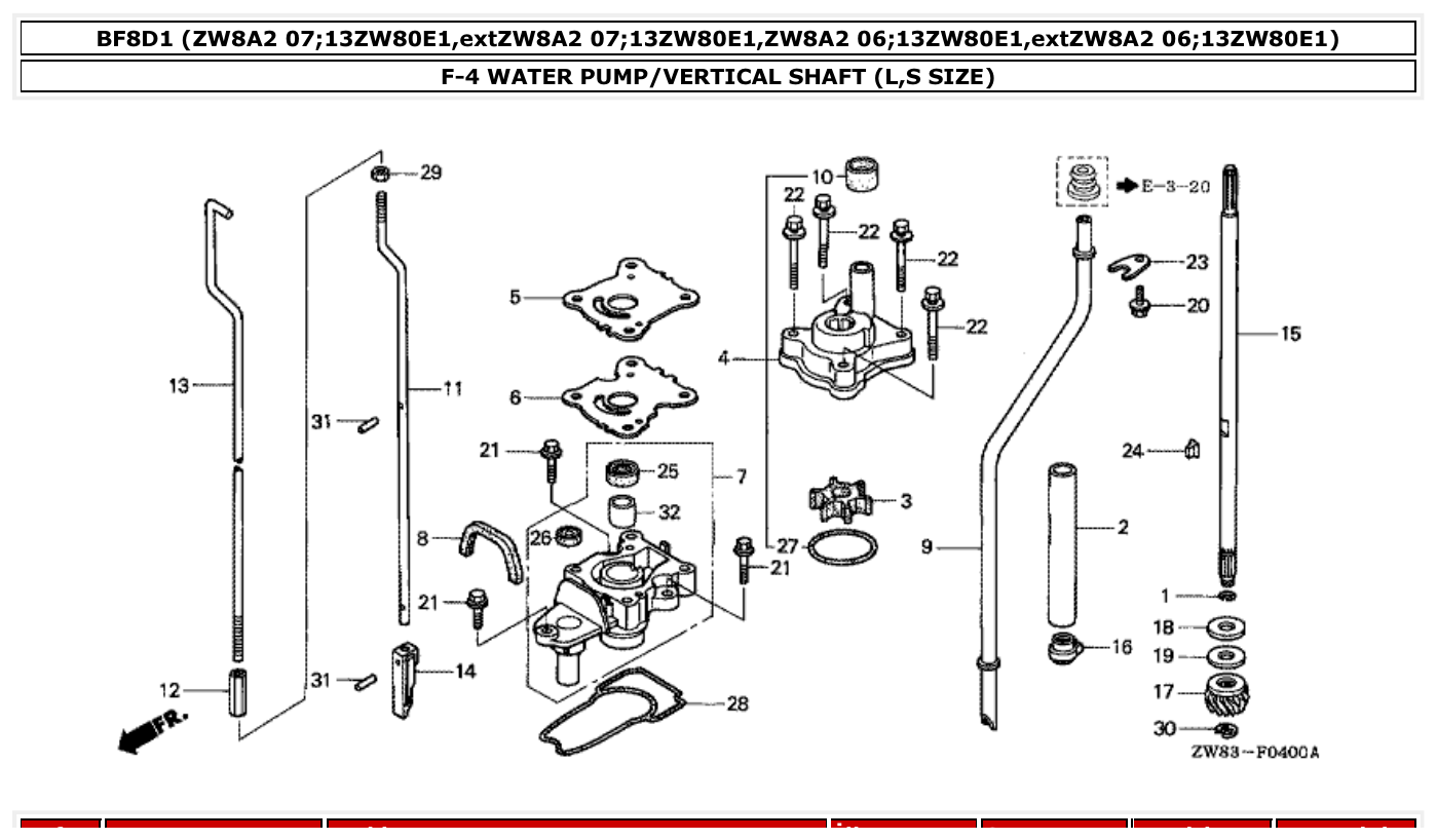 Honda BF8D1 WATER PUMP/VERTICAL SHAFT (L,S SIZE) parts diagram