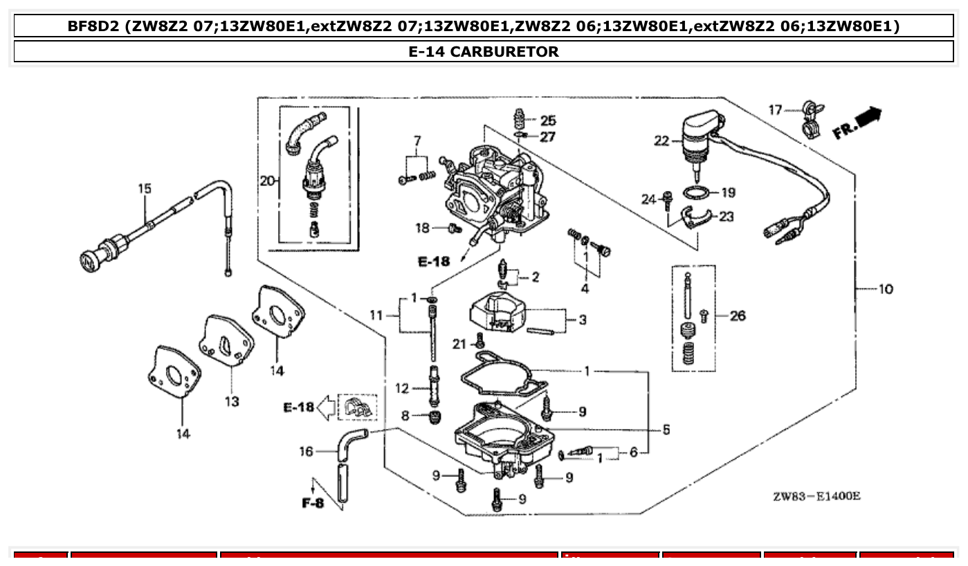 Honda BF8D2 CARBURETOR parts diagram