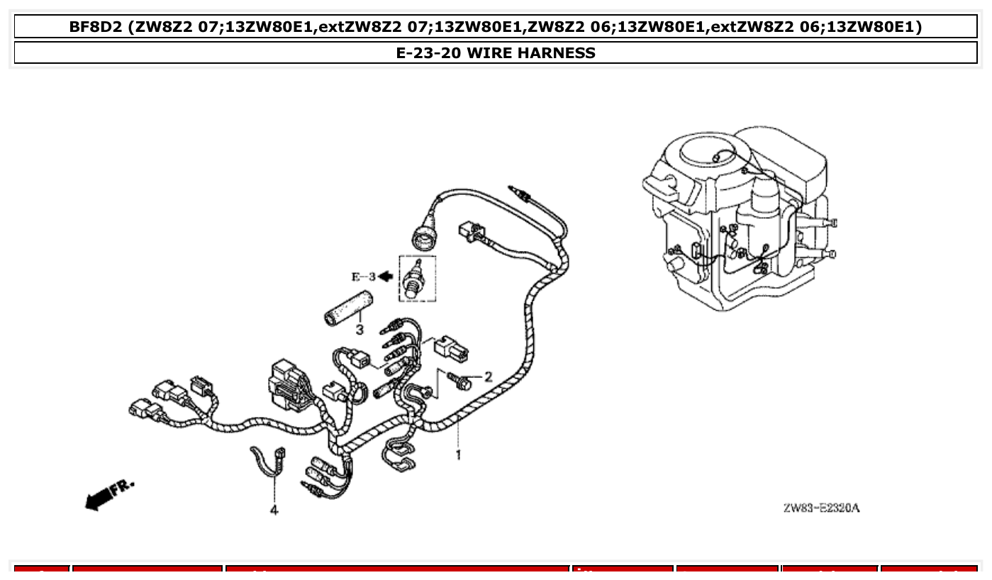 Honda BF8D2 WIRE HARNESS parts diagram