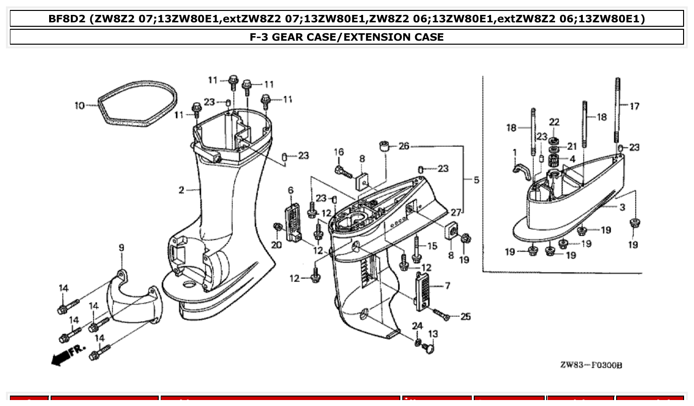 Honda BF8D2 GEAR CASE/EXTENSION CASE parts diagram