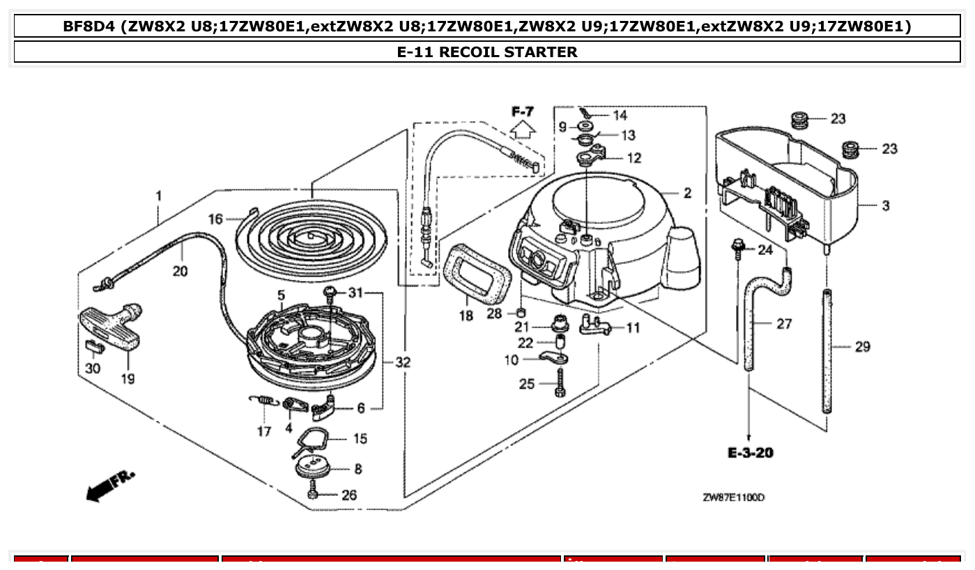 Honda BF8D4 RECOIL STARTER parts diagram