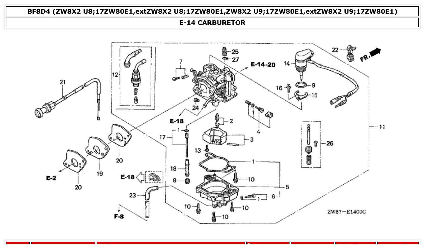 Honda BF8D4 CARBURETOR parts diagram