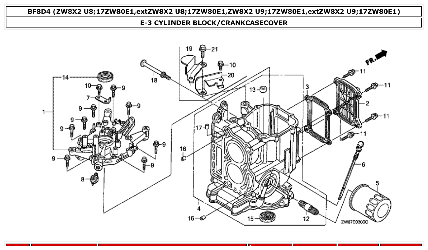 Honda BF8D4 CYLINDER BLOCK/CRANKCASECOVER parts diagram