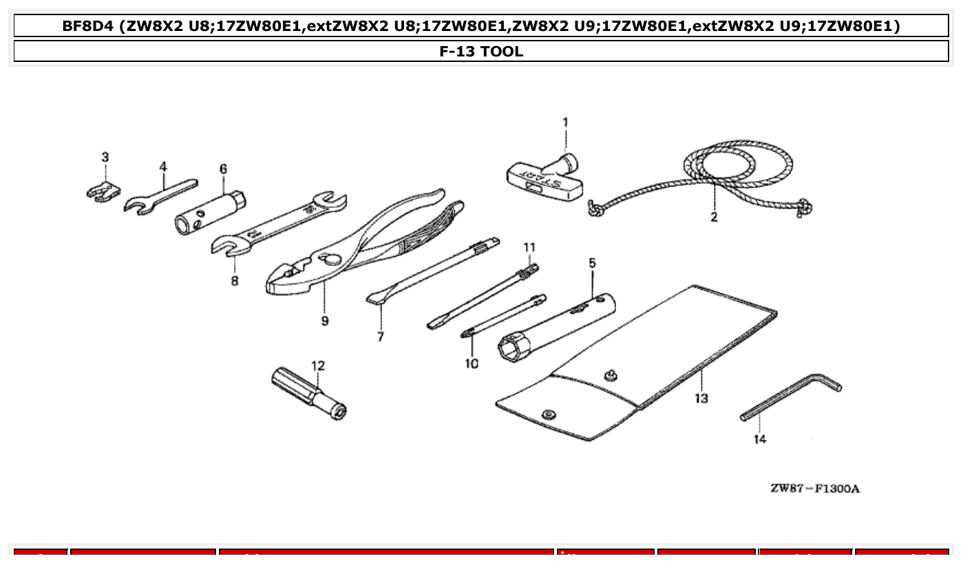 Honda BF8D4 TOOL parts diagram