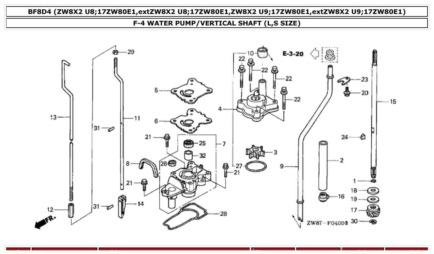 Honda BF8D4 WATER PUMP/VERTICAL SHAFT (L,S SIZE) parts diagram
