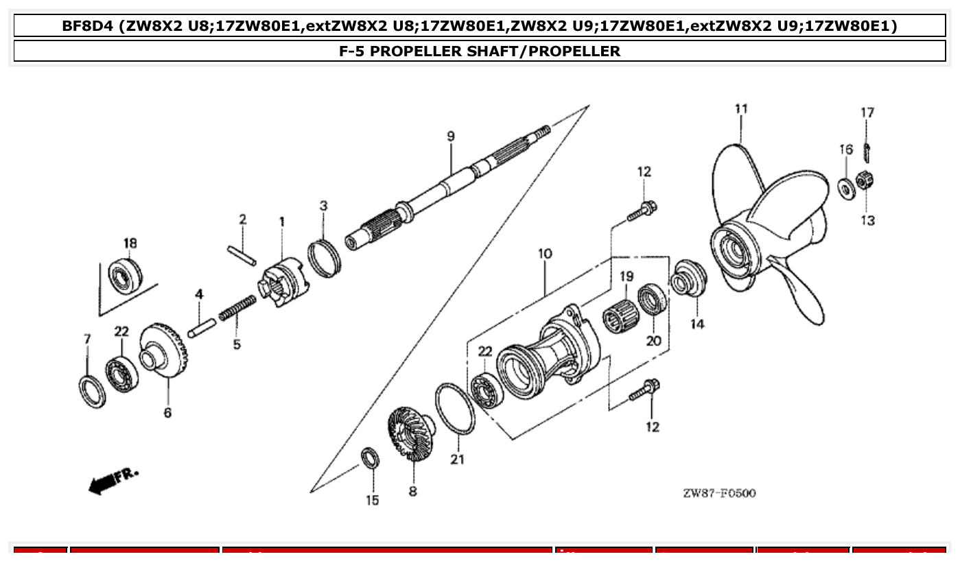 Honda BF8D4 PROPELLER SHAFT/PROPELLER parts diagram