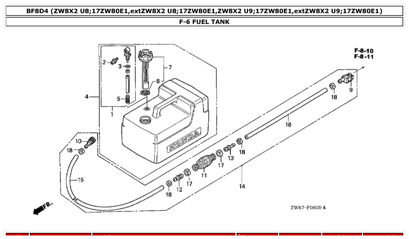 Honda BF8D4 FUEL TANK parts diagram