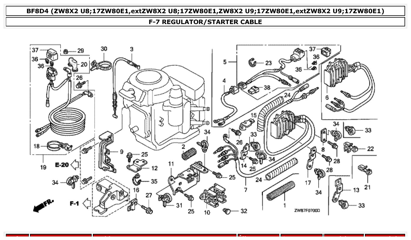 Honda BF8D4 REGULATOR/STARTER CABLE parts diagram
