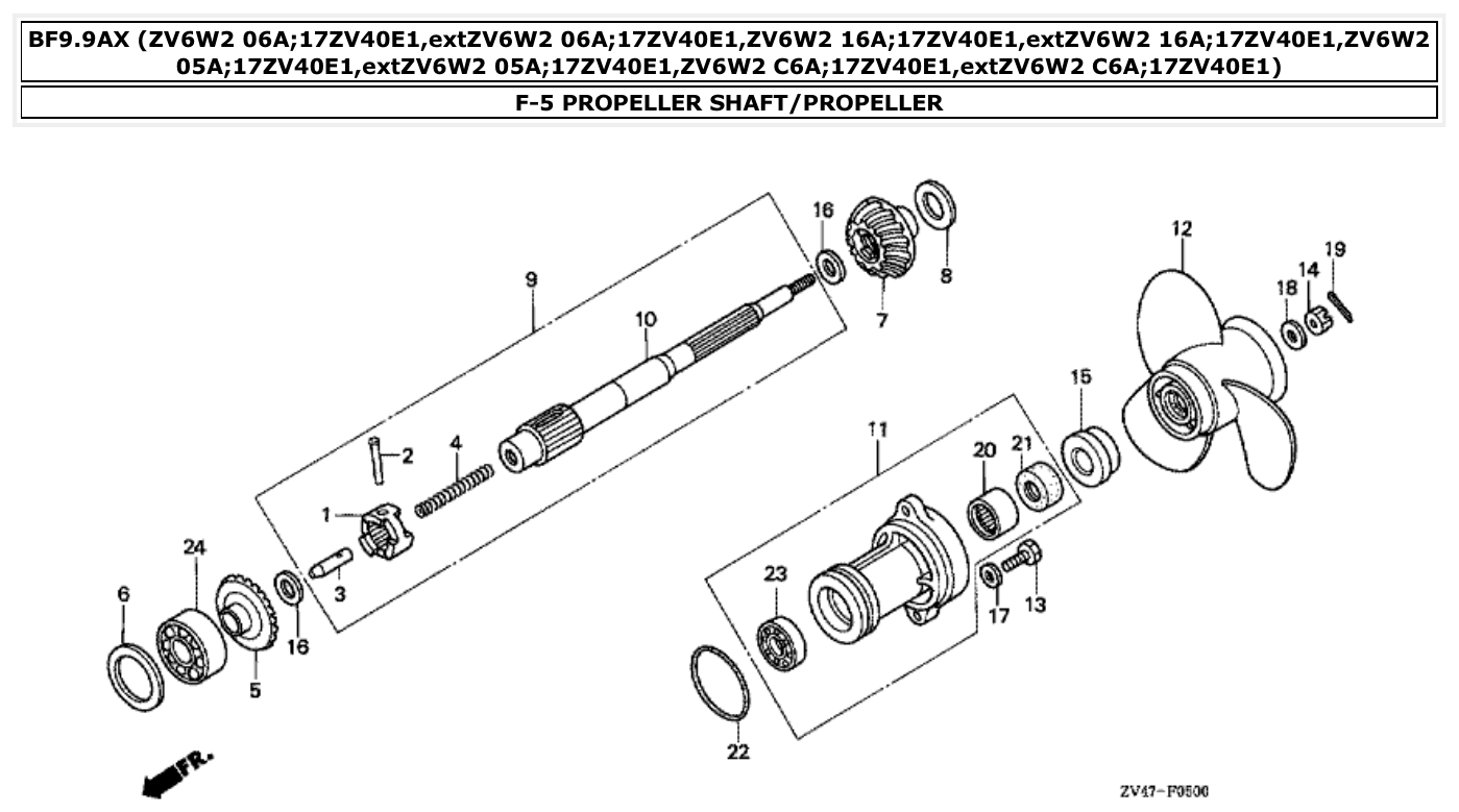 Honda BF9.9AX PROPELLER SHAFT/PROPELLER parts diagram