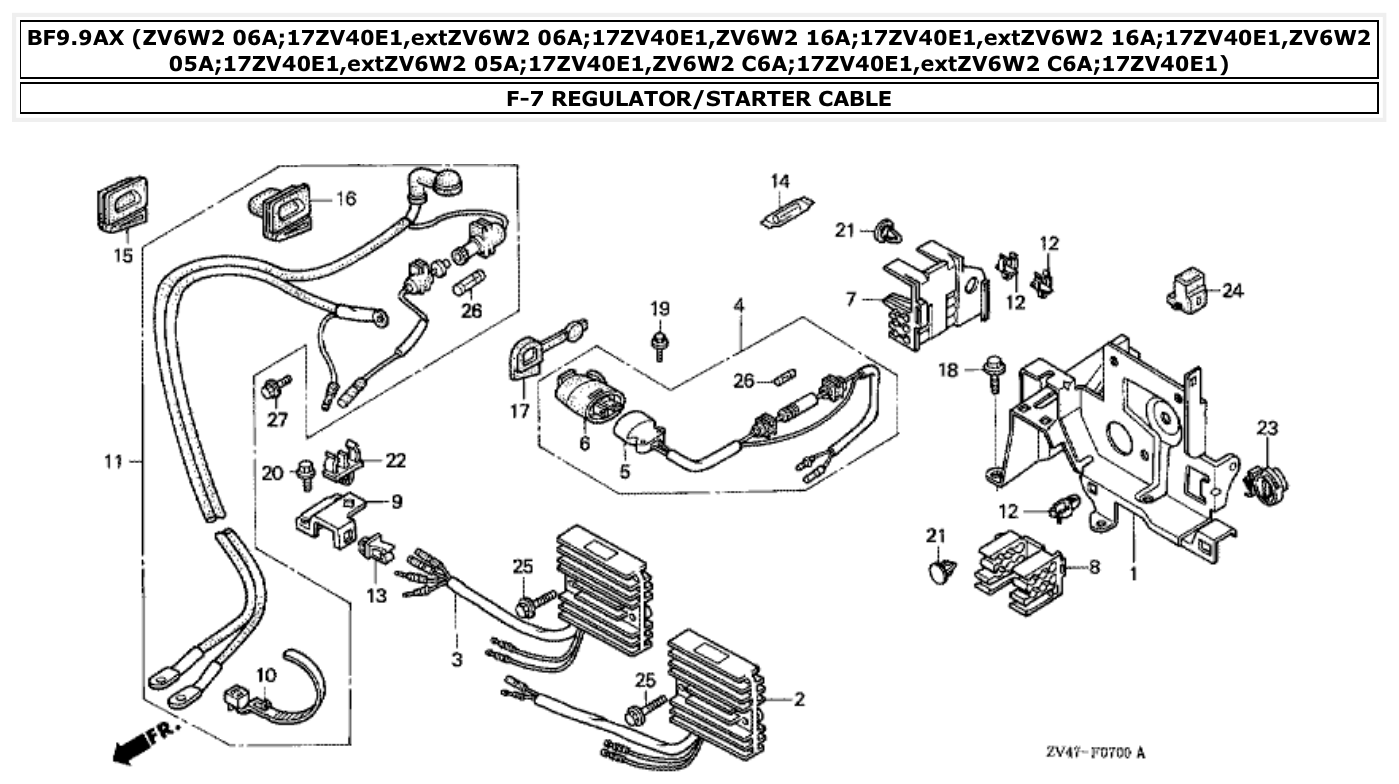 Honda BF9.9AX REGULATOR/STARTER CABLE parts diagram