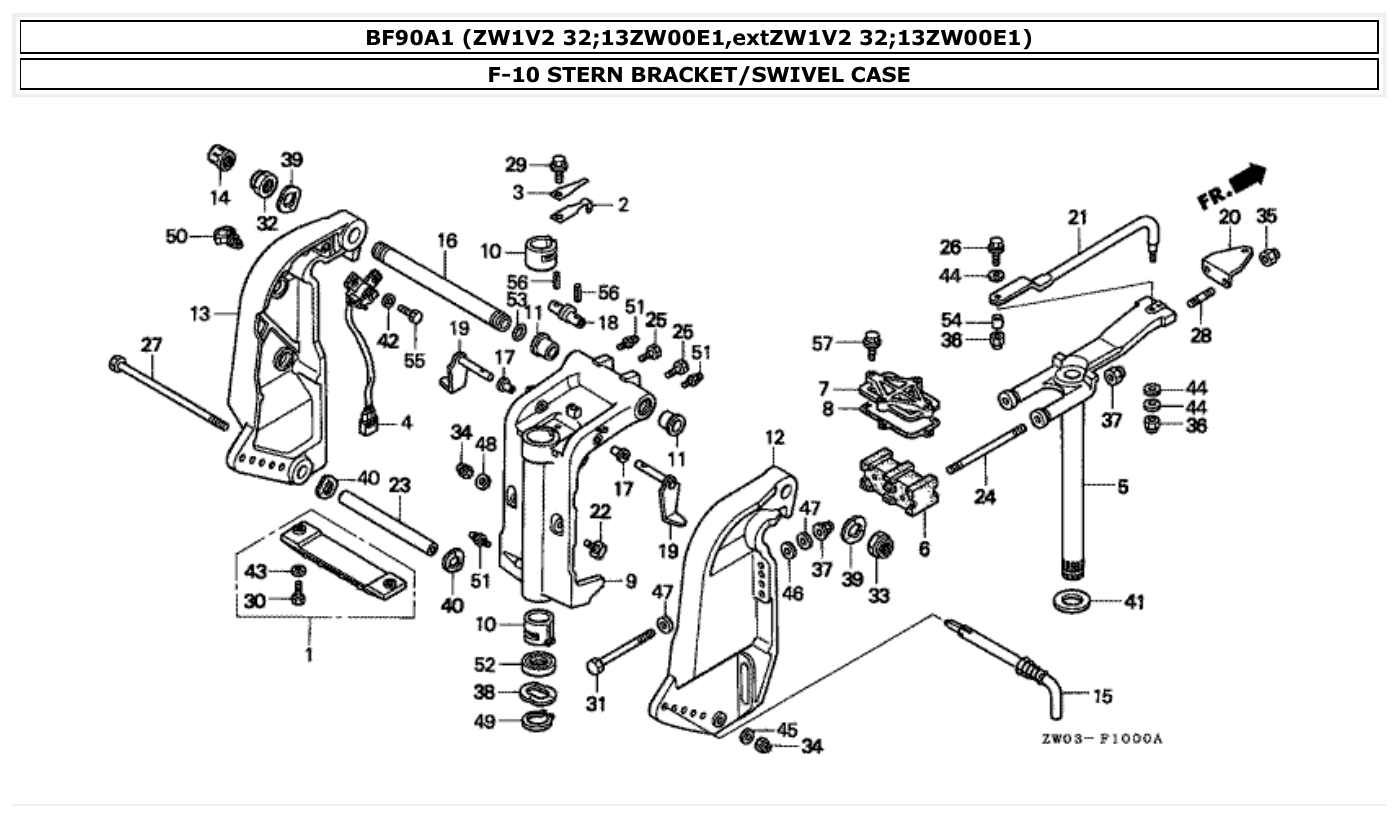 Honda BF90A1 STERN BRACKET/SWIVEL CASE parts diagram