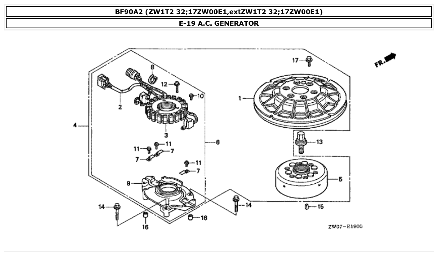 Honda BF90A2 A.C. GENERATOR parts diagram