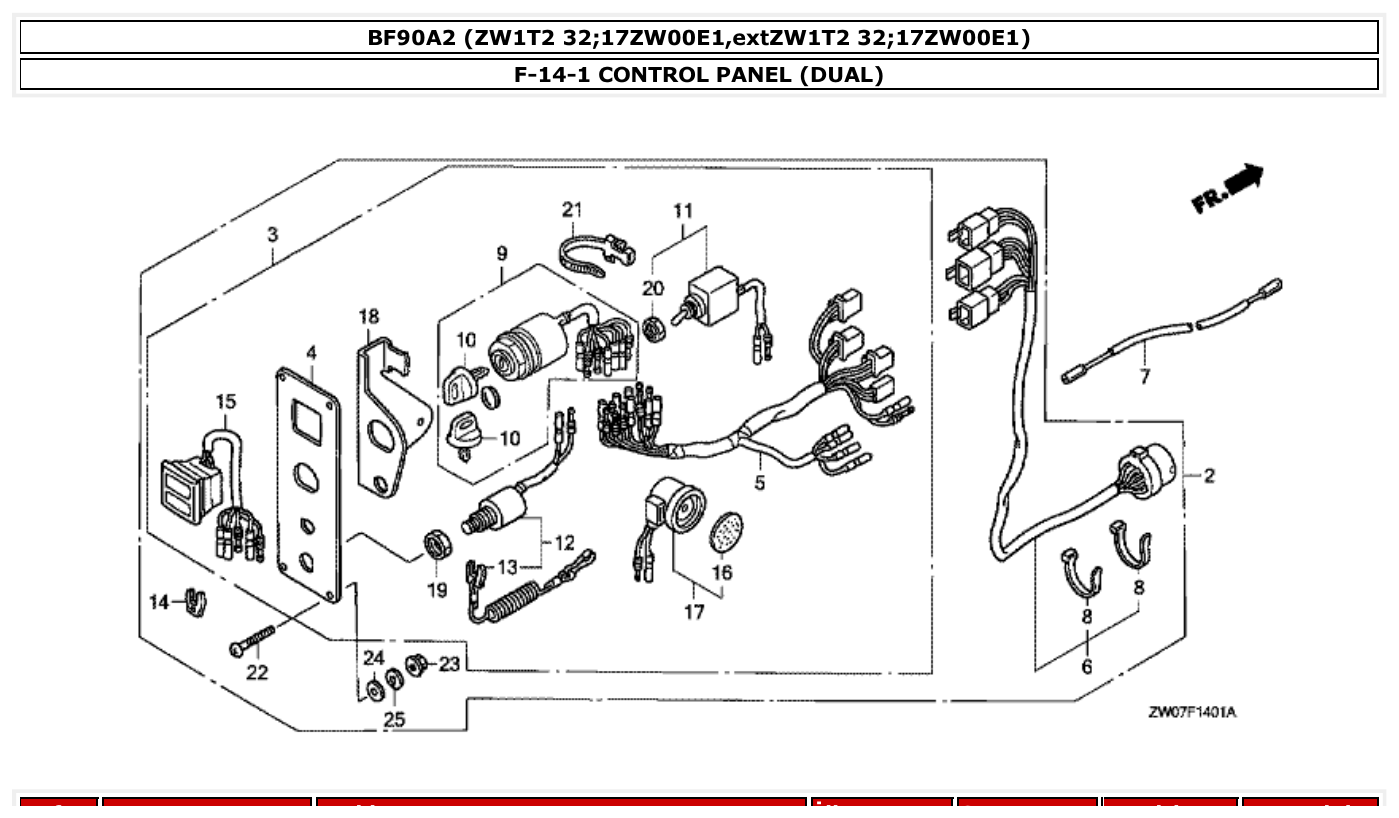 Honda BF90A2 CONTROL PANEL (DUAL) parts diagram