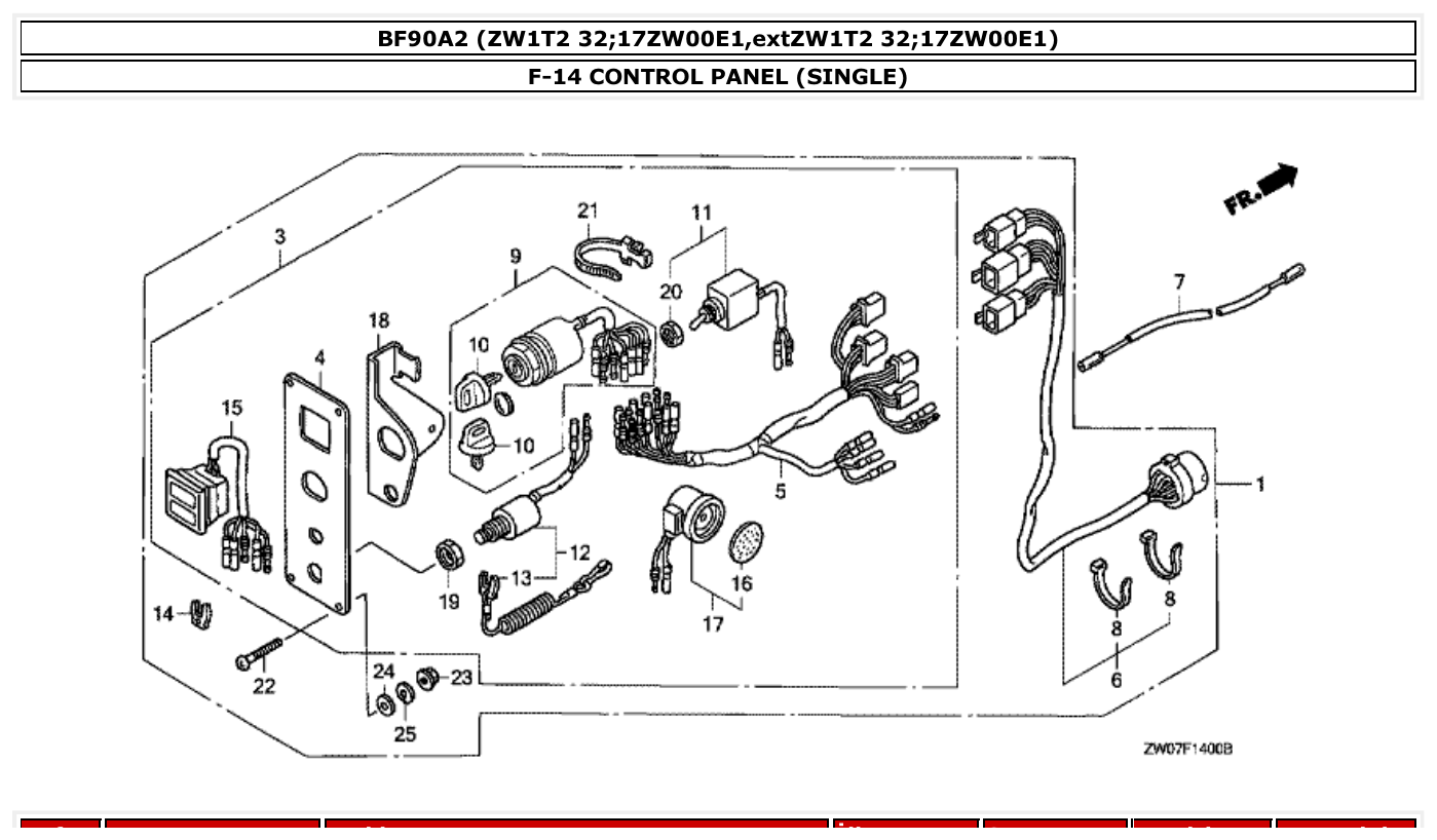 Honda BF90A2 CONTROL PANEL (SINGLE) parts diagram